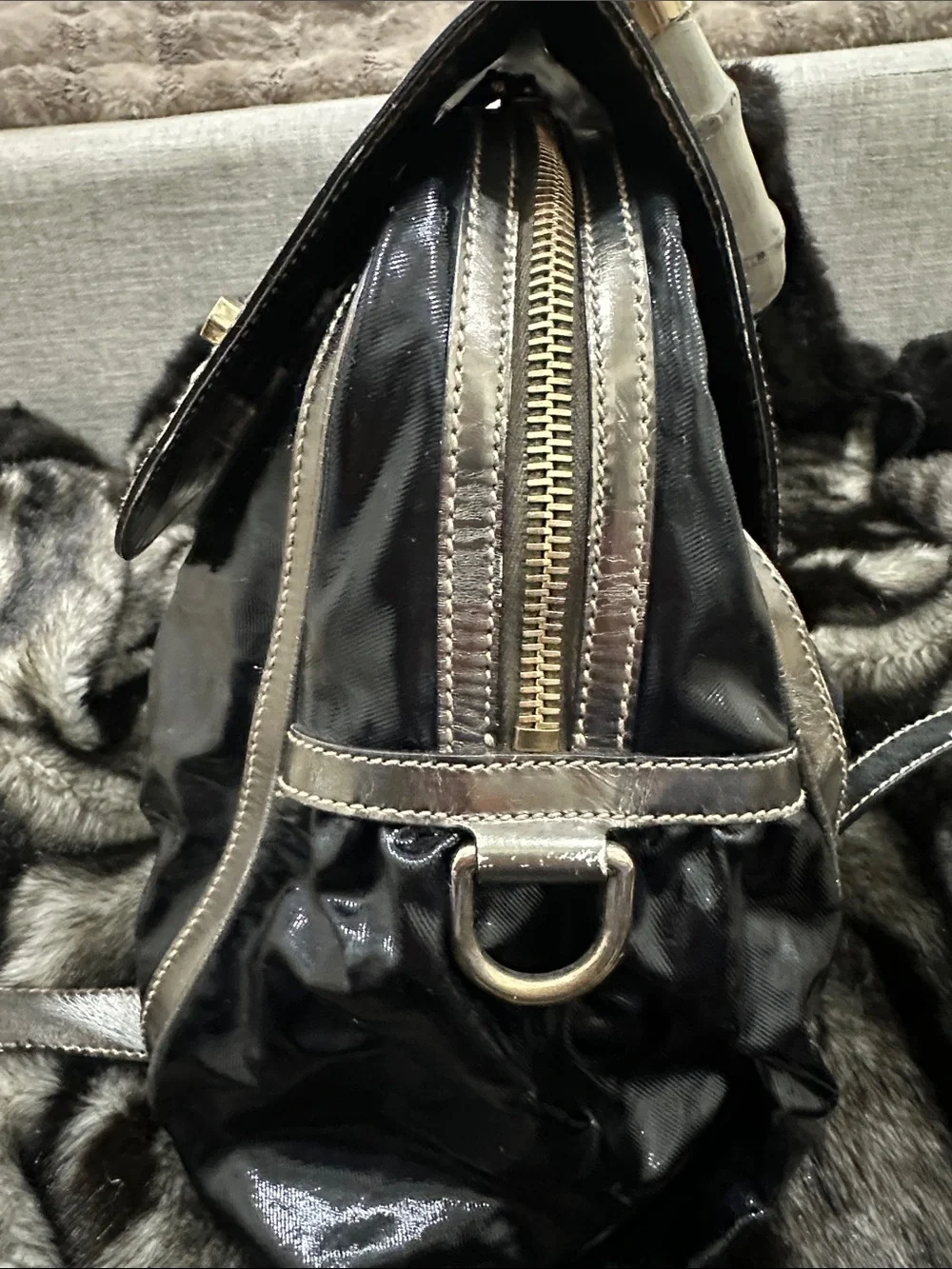 GUCCI metallic Silver and Black Top-Handle GUCCI bamboo LARGE purse